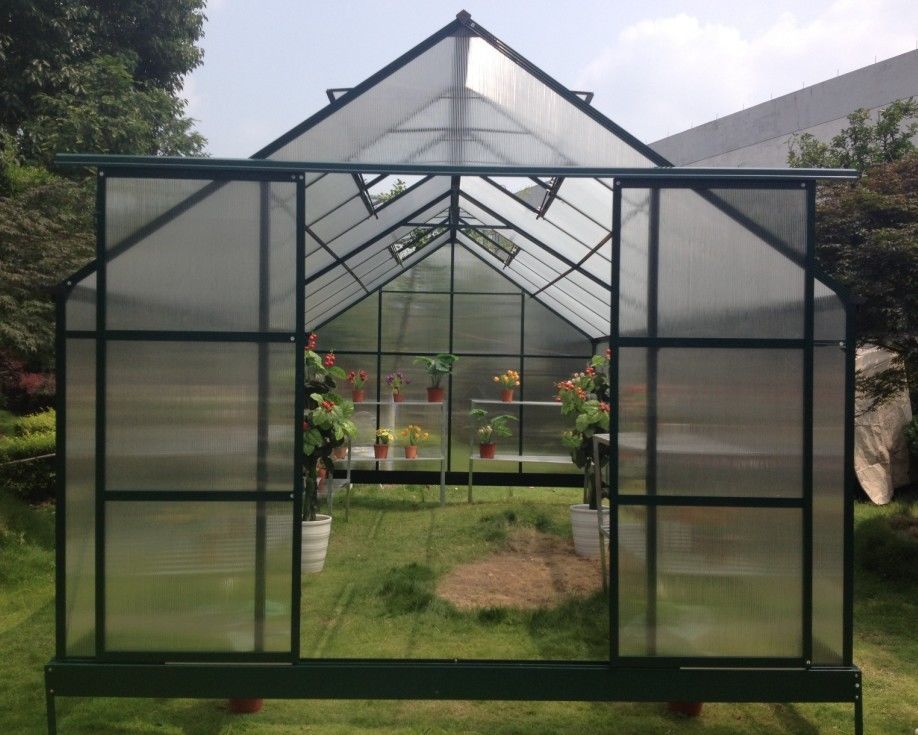 Modular 6mm Polycarbonate Hobby Greenhouse Kits For Nursery With Double Sliding Door