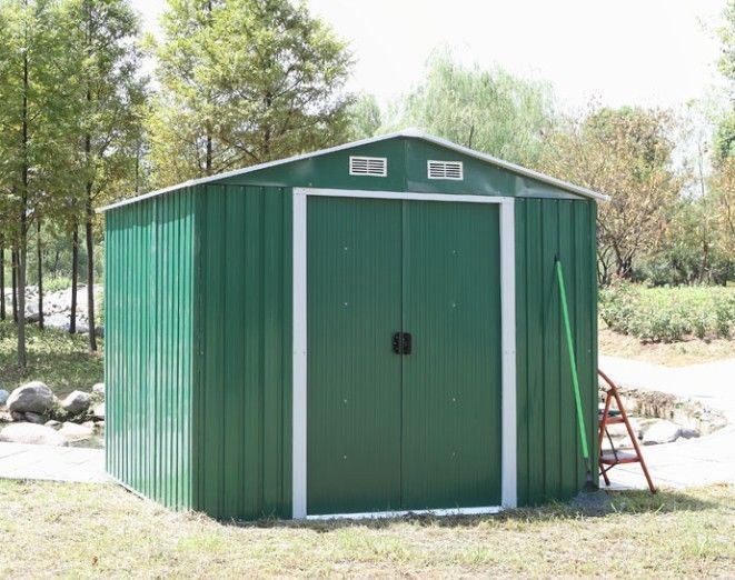 Outdoor Green Arrow Apex Metal Yard Sheds For Tool / Car Storage With Double Sliding Door